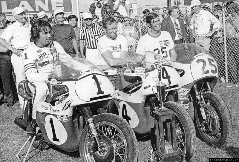The podium of the 1971 Daytona 200: 1 Dick Mann (BSA Rocket 3) in the middle, 2nd Gene Romero (Triumph Trident) to the left and